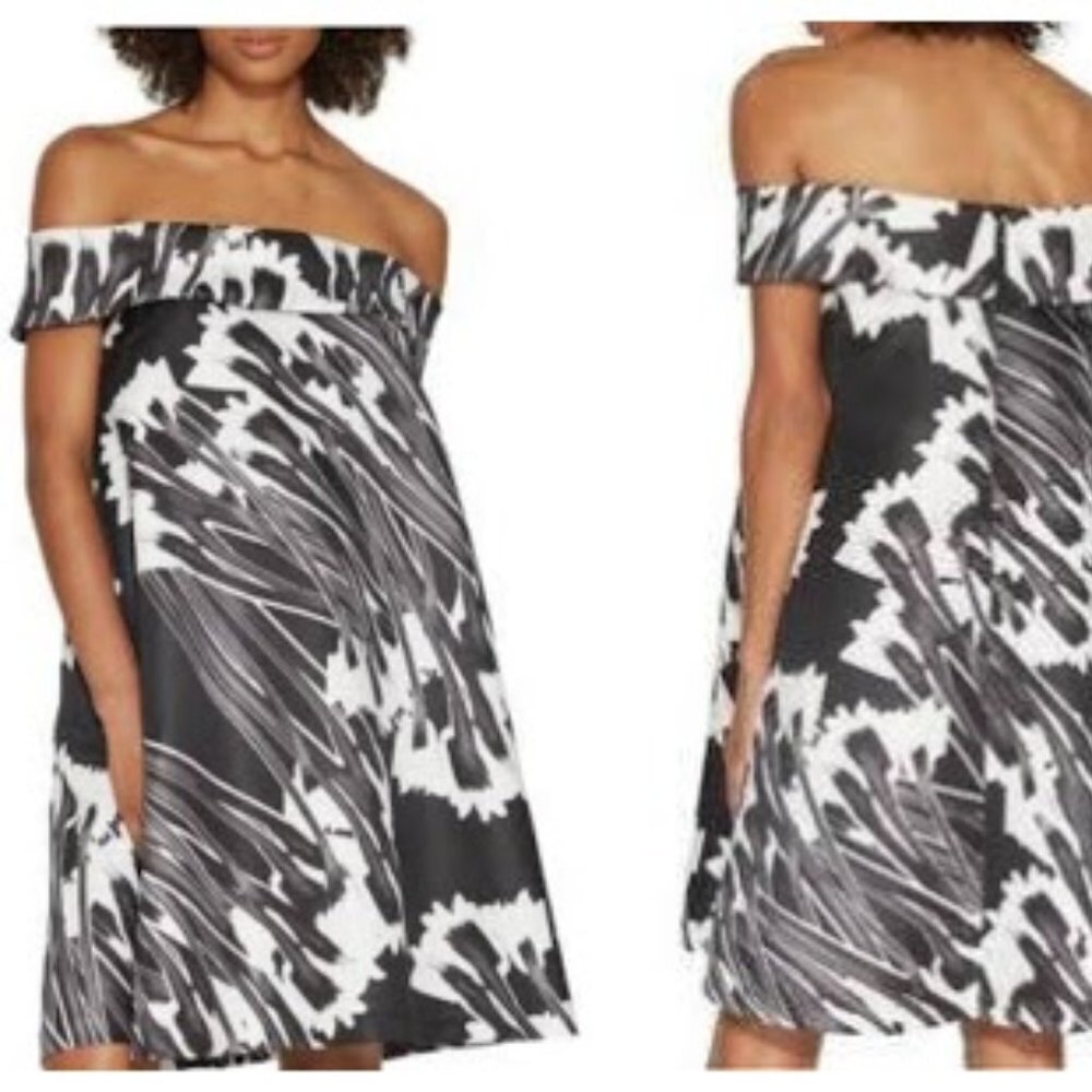 Halston Heritage Crocus Print Off-Shoulder Dress
